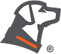 Stylized illustration of a hunting dogs head in profile facing right, outlined in gray with an orange collar, evoking premium outdoor gear. The image also includes a registered trademark symbol.