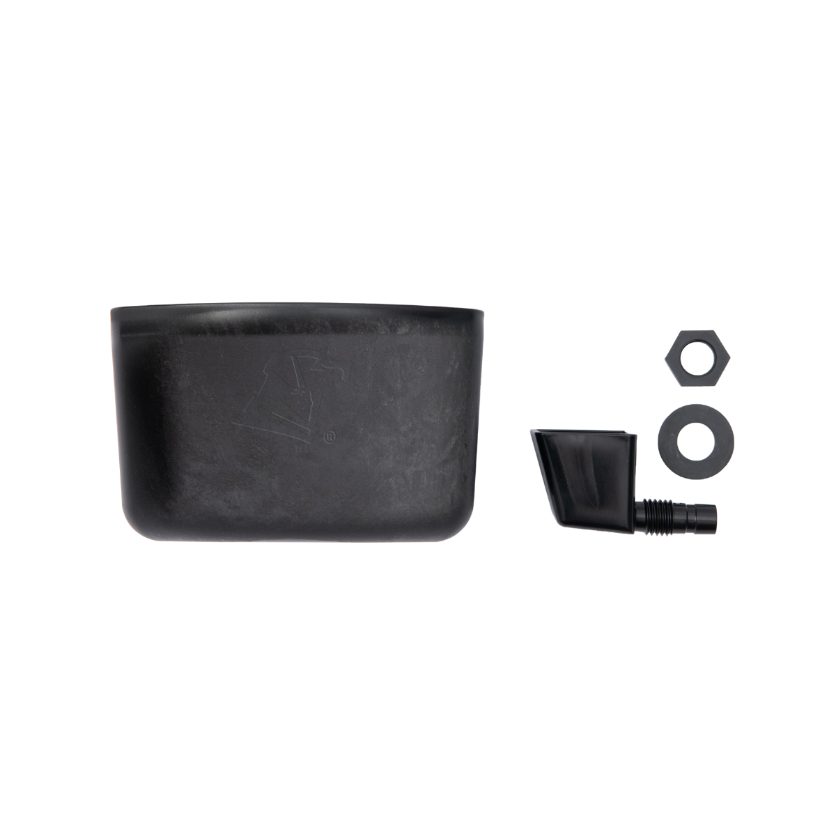 A black plastic KENNEL BOWL with spout attachment, hex nut, and washer is displayed on a white background—ideal for keeping your dog hydrated in the G1 Kennel.