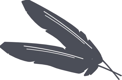 Two dark gray feathers are illustrated, lying crossed and overlapping on a light background. The minimalist design and clean lines evoke the quiet strength often seen in a working dog resting peacefully in its kennel.