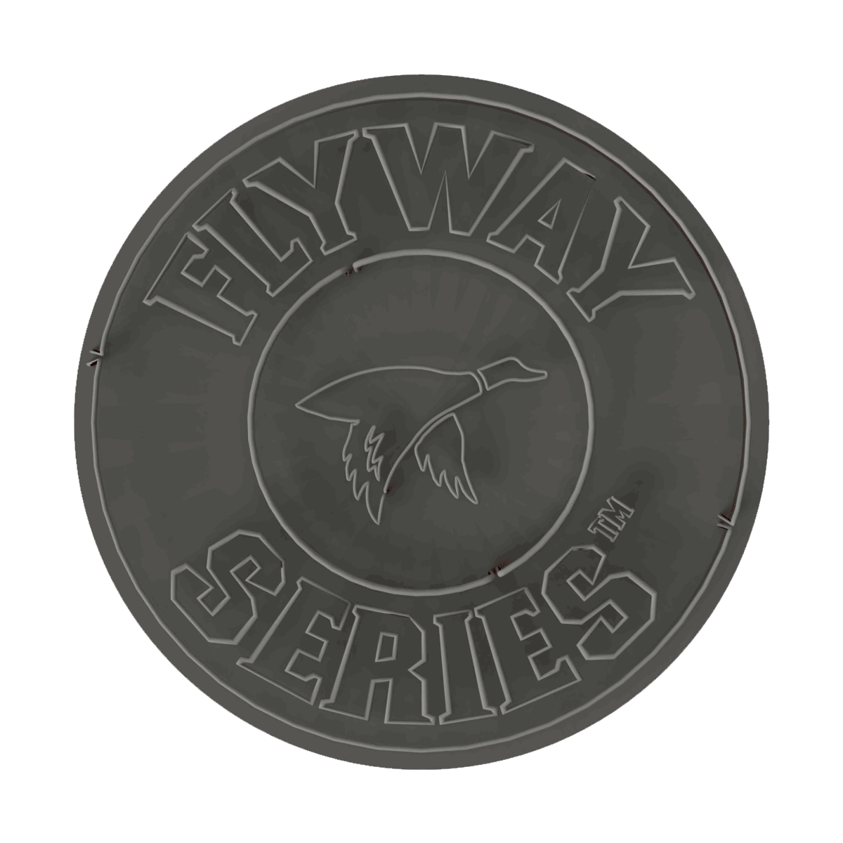A circular dark medallion with the words FLYWAY SERIES and a flying duck logo in the center—perfect for outdoor gear. Thin lines outline the text and duck, creating a bold, embossed effect.