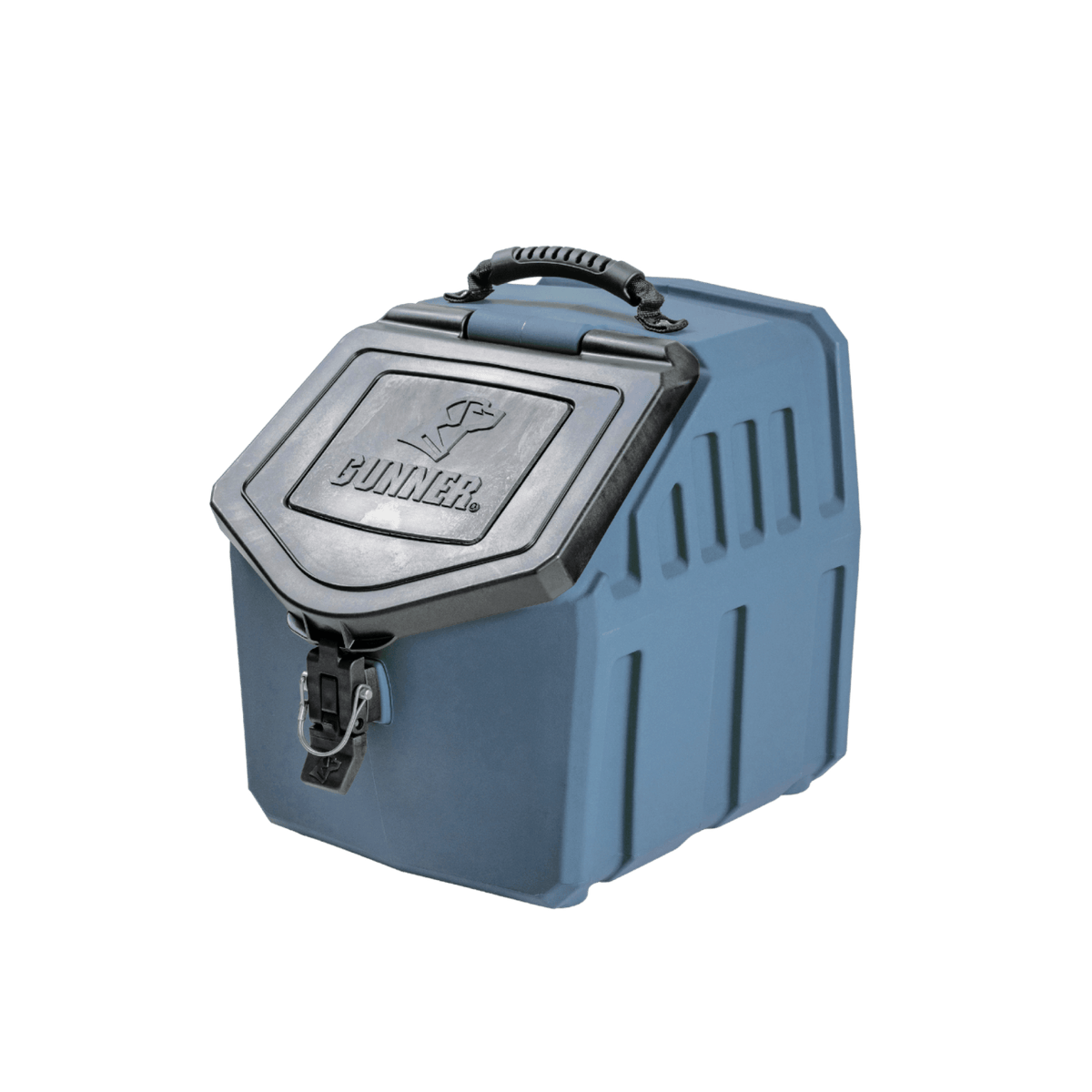 The GUNNER FOOD CRATE - Ducks Unlimited Blue is a hard-sided, airtight dog food storage container with a black hinged lid, top handle, secure latch, and rugged design. Made in America by GUNNER.