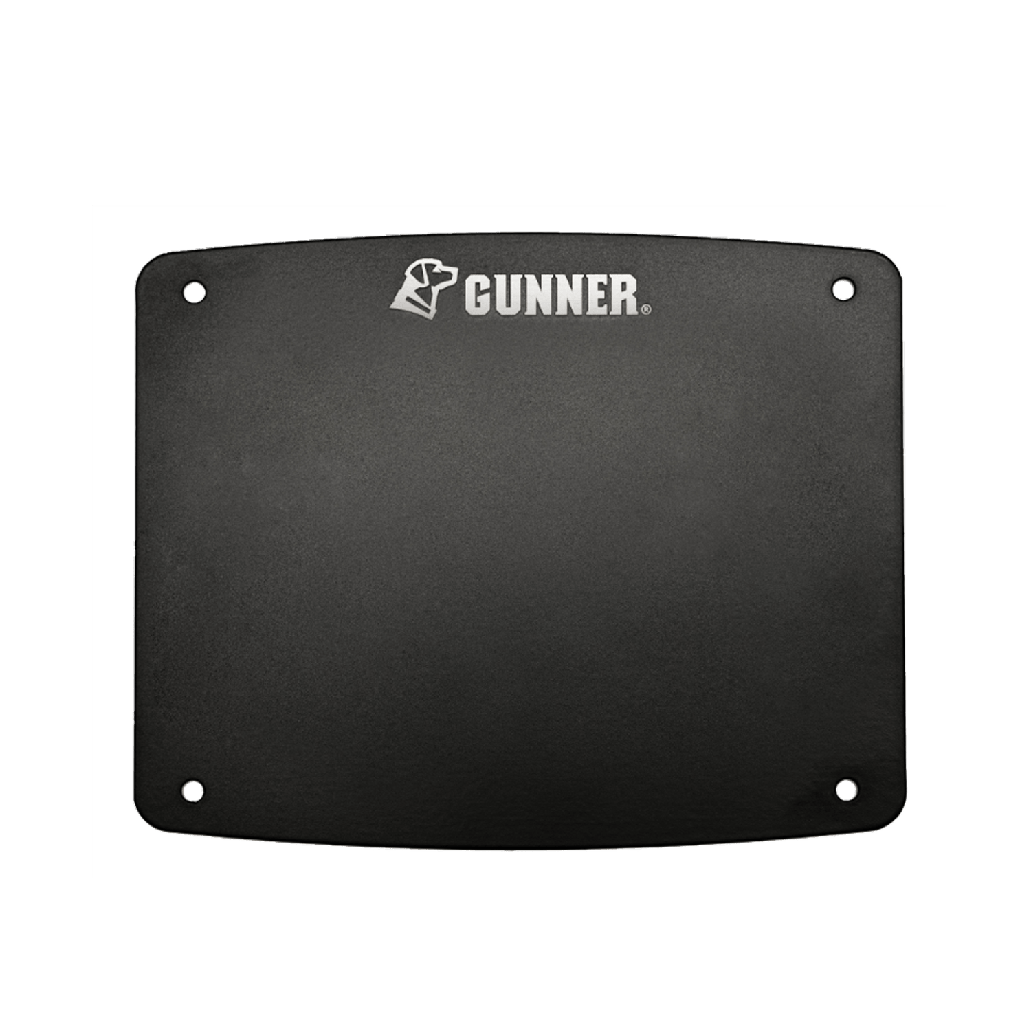 A flat, rectangular black plate with four corner holes and the GUNNER logo, featuring a hunting dog head silhouette, printed in white at the top center. Ideal as a stylish accessory for your kennel or dog crate. Displayed on a plain, light background.