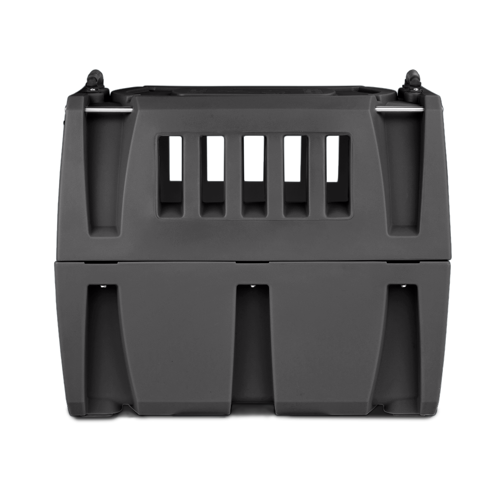 The GUNNER G1™ KENNEL - MOSSY OAK BOTTOMLAND BLACK is a durable, black rectangular dog crate with vertical ventilation slats and secure latches, shown against a plain white background.