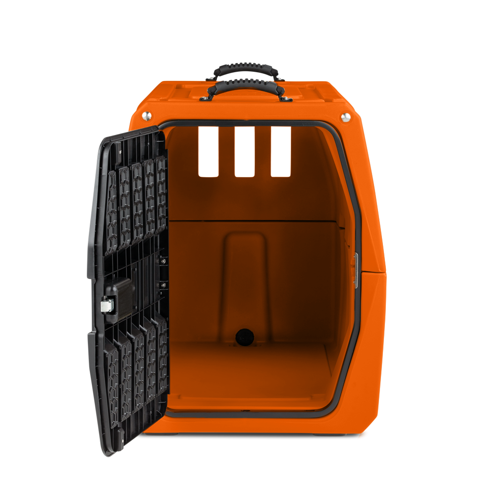 An orange dog kennel with a black open door is placed upright on a white background. Ideal as outdoor gear, the carrier features three rectangular ventilation holes on top and a sturdy handle for carrying.