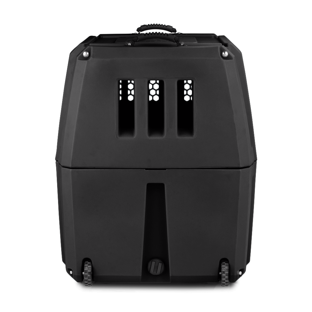 The GUNNER G1™ KENNEL - MOSSY OAK BOTTOMLAND BLACK is a durable, hard-sided pet carrier with front ventilation, top handle, and base wheels—designed for safe and easy transport.