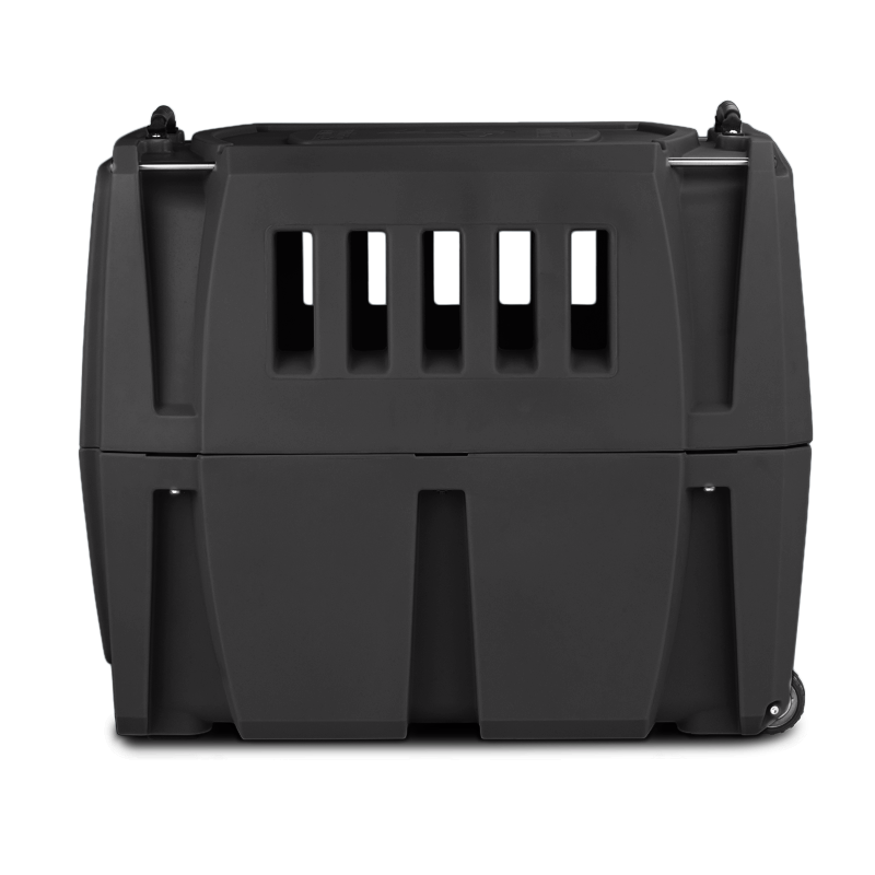 The GUNNER G1™ KENNEL - MOSSY OAK BOTTOMLAND BLACK is a large, durable black dog crate with front ventilation slots and a sturdy design, shown upright against a plain white background, ensuring safety and comfort for your pet.