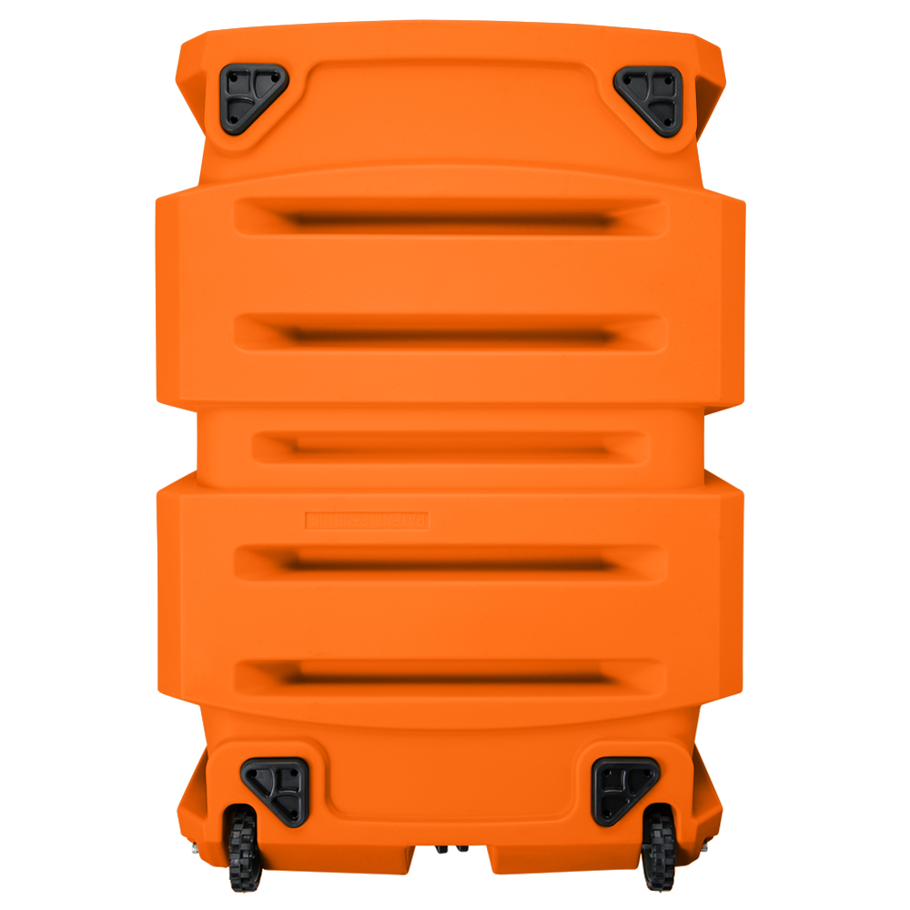 The GUNNER G1™ KENNEL in Blaze Orange stands upright, featuring a rugged, hard-shell design with horizontal grooves, four black corner protectors, and two small wheels—durability inspired by GUNNER dog crates.