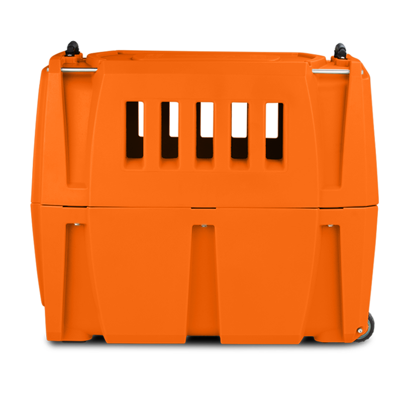 The GUNNER G1™ KENNEL - BLAZE ORANGE dog crate features ventilation slots, a solid base, and wheels for easy movement. It is closed and shown from the front against a plain background.