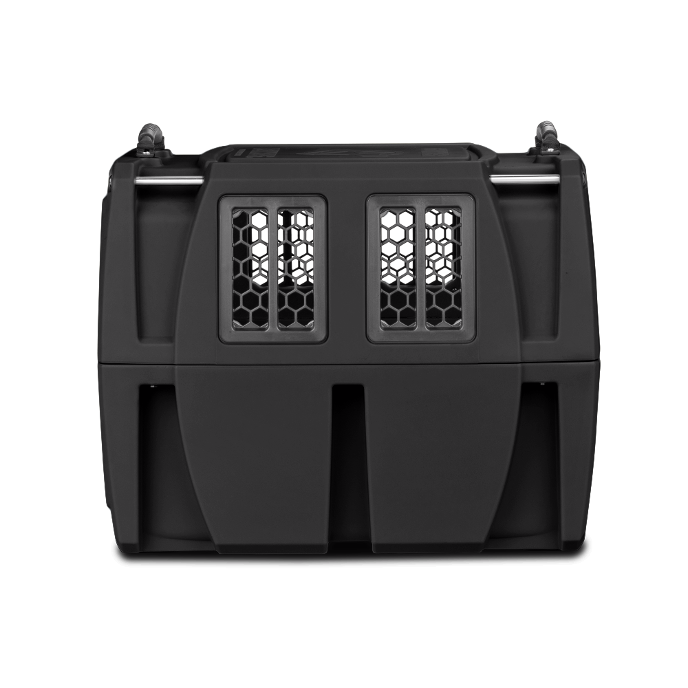 The GUNNER G1™ KENNEL - MOSSY OAK BOTTOMLAND BLACK is a durable, hard-sided pet crate with vented windows and a secure design, shown from the front against a white background.