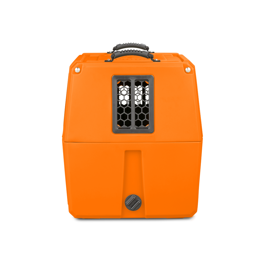 The GUNNER G1™ KENNEL - BLAZE ORANGE features a sturdy black handle, a small vented center window, and a circular front latch, shown against a plain white background.