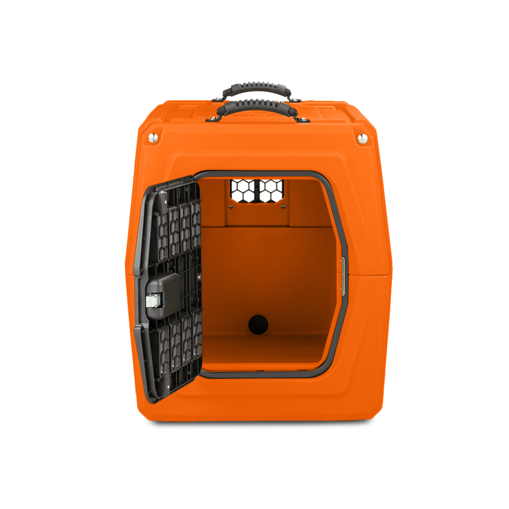 The GUNNER G1™ KENNEL - BLAZE ORANGE is a hard-sided, compact rectangular dog crate with a black open front door, ventilation holes, two top handles, and is shown against a white background.