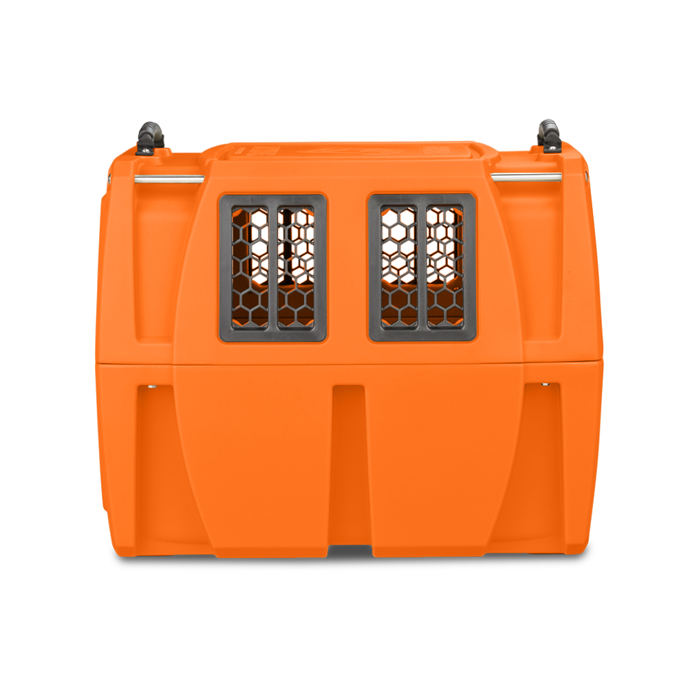 The GUNNER G1™ KENNEL in Blaze Orange features a top handle and two front mesh windows, making it ideal for transporting small animals.