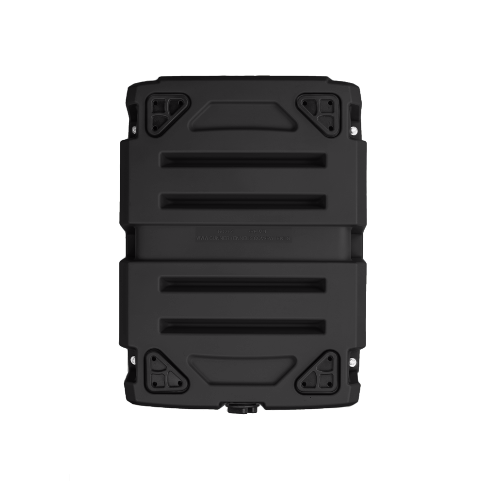 The GUNNER G1™ KENNEL - MOSSY OAK BOTTOMLAND BLACK is a rugged, rectangular, hard-shell dog crate with ridged surface and four corner fasteners, made for extreme durability. Its shown against a plain white background.