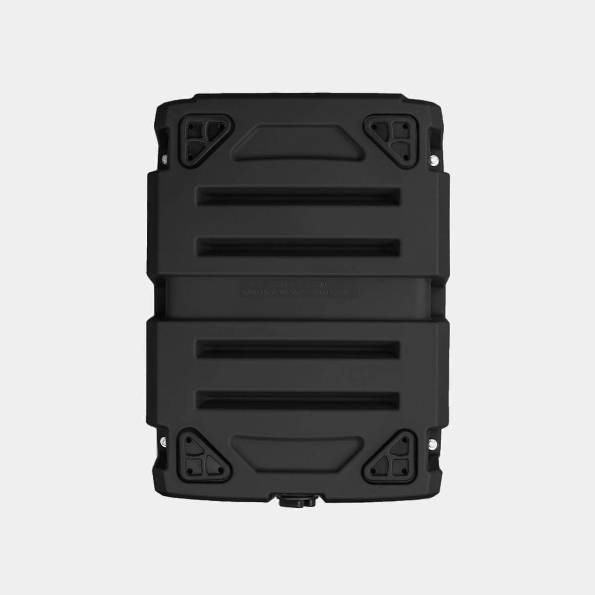 A black, hard-shell suitcase with a rugged design, featuring four triangular corner protectors and a ribbed texture, ideal for transporting outdoor gear. Photographed against a plain white background.