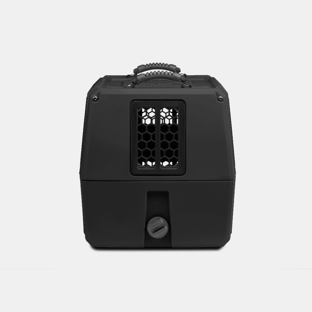 A black pet carrier with a hexagonal mesh window and a handle on top, viewed from the front, against a plain white background—perfect as an outdoor gear essential or compact dog crate for your working dog.