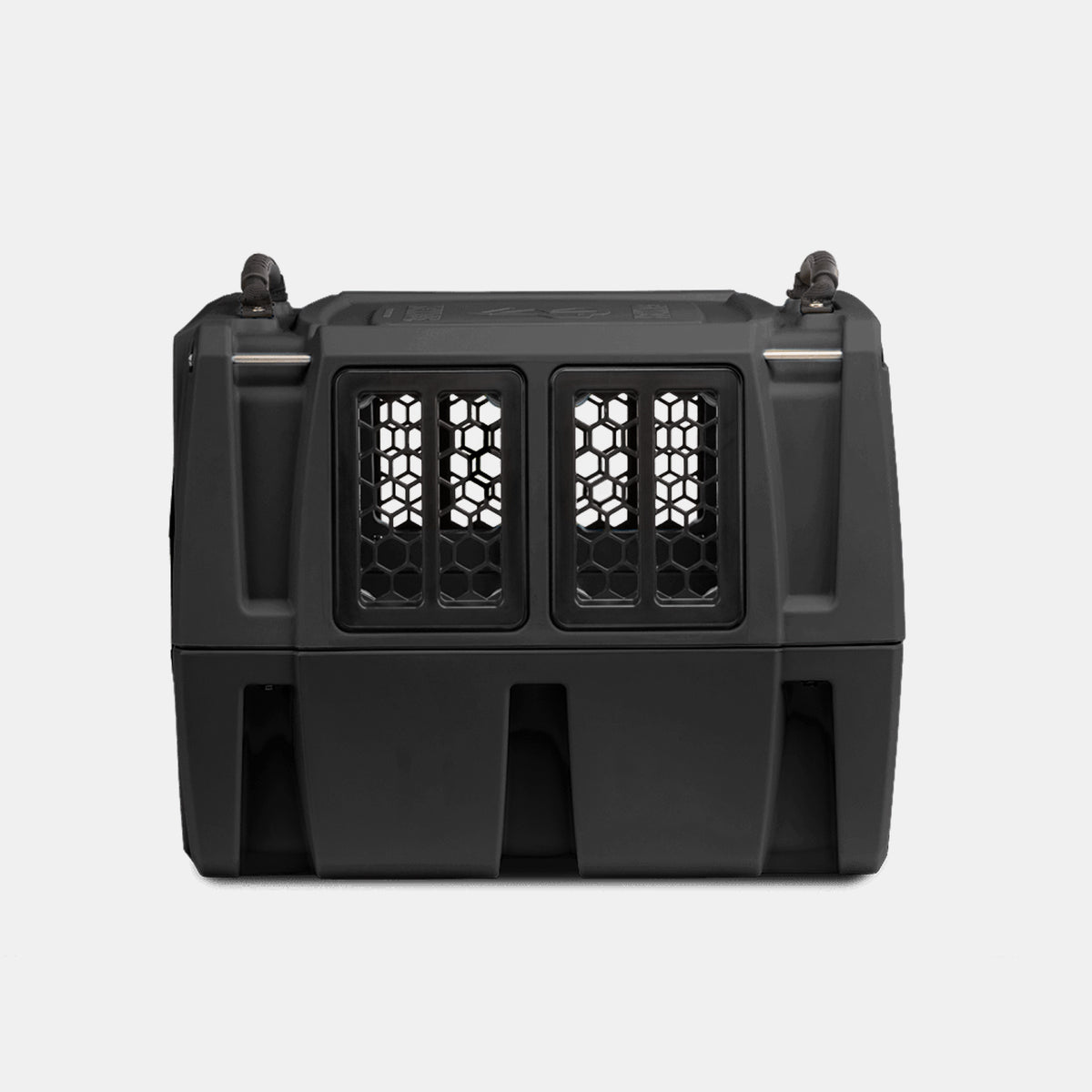 A sturdy black plastic dog crate with a ventilated front door featuring a hexagonal mesh design, ideal for outdoor gear or housing your hunting dog, shown against a plain white background.