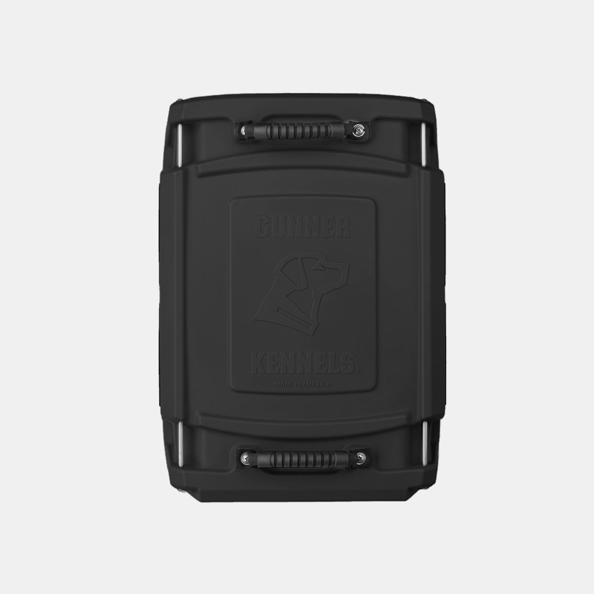 Black rectangular hard-shell dog kennel lid with handles on both ends, featuring an embossed outline of a dog’s head and the text “Gunner Kennels.” Designed for durability, this lid is ideal for protecting your hunting dog or working dog during transport. The background is plain white.