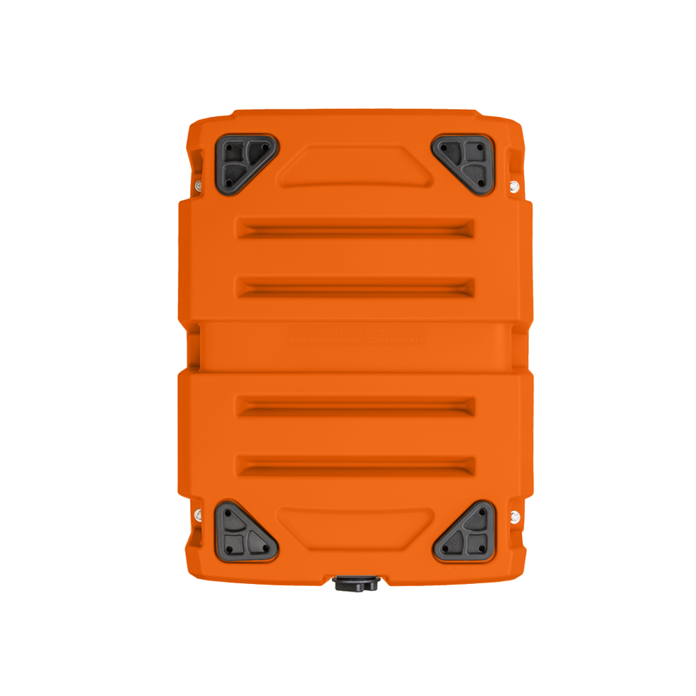 A rugged, rectangular, bright orange hard case with black reinforced corners and ridged detailing—perfect for storing outdoor gear or essential supplies for your working dog—displayed on a plain white background.