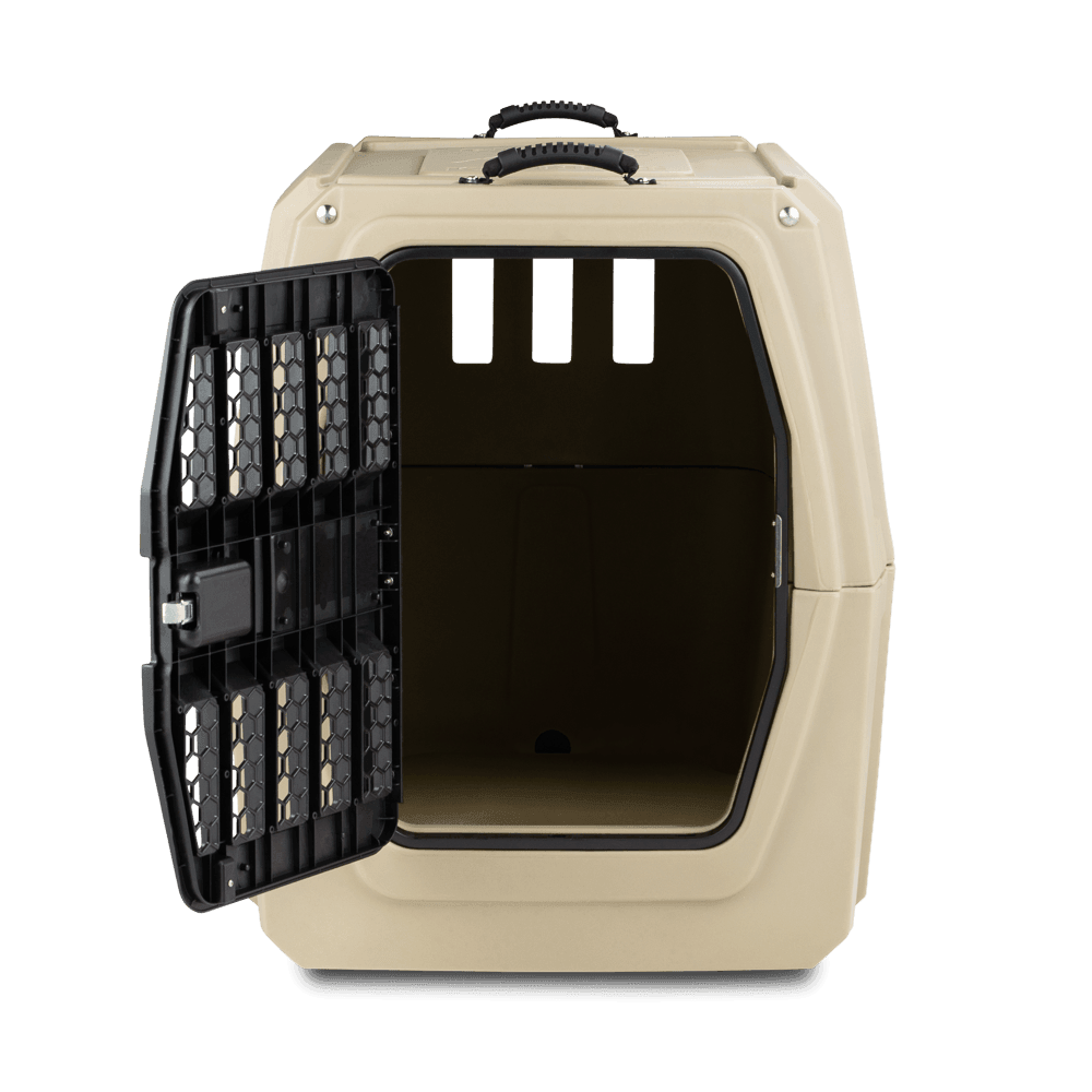 The GUNNER G1™ KENNEL - TAN features double-walled construction for shock protection, a black metal door, roomy interior, rectangular rear vents, and a top handle for easy carrying.