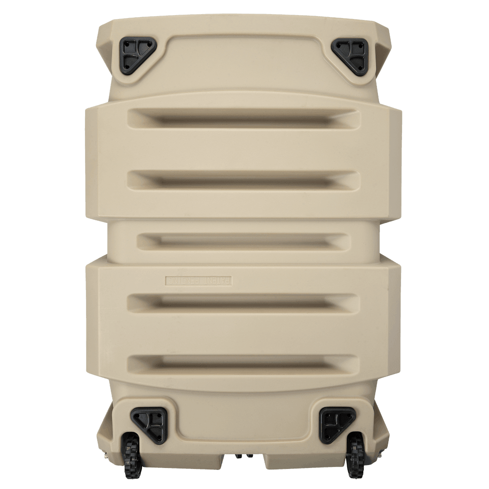 The GUNNER G1™ KENNEL - TAN is a large, hard-sided protective case with molded handles, four black latches, two small wheels for shock protection, and double-walled security.