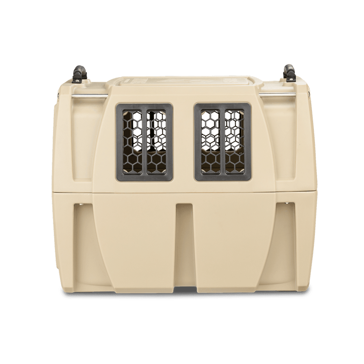 The GUNNER G1™ KENNEL - TAN/SHADOW GRASS is a beige, hard-sided pet carrier with dual mesh-ventilated windows, inspired by Mossy Oak duck hunting gear. Its rugged build rivals the safest dog crates for secure pet travel.