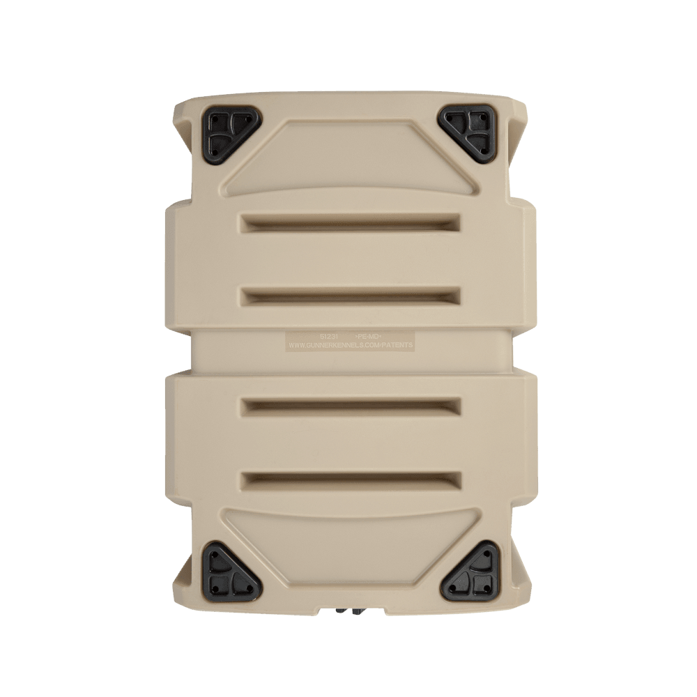 The GUNNER G1™ KENNEL in tan is a hard plastic case with black reinforced corners and raised horizontal ridges, double-walled for superior shock protection, shown from the top on a white background.