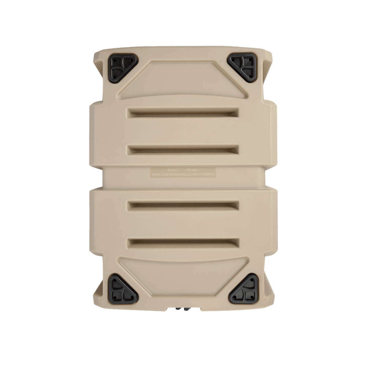 The GUNNER G1™ KENNEL in Tan/Shadow Grass, shown from above with reinforced black corners and grooves, is perfect for duck hunters or Mossy Oak fans.