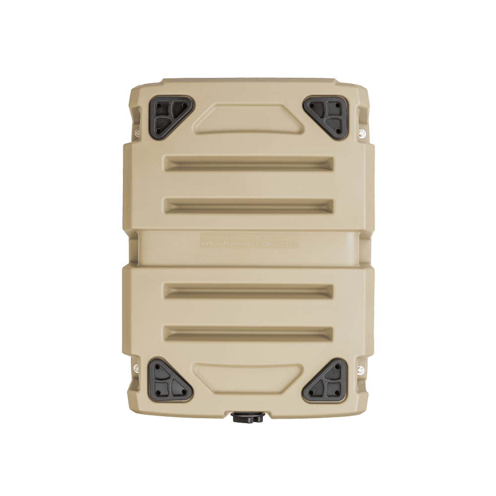 The GUNNER G1™ KENNEL - TAN is a tan hard-shell storage case with reinforced corners, latch points, and a rugged ribbed design inspired by double-walled kennel construction for added durability and shock protection, shown from above on a white background.