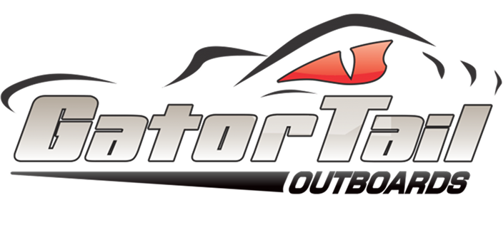 GatorTail Outboards logo featuring stylized text with an alligator eye and partial outline above the words, using shades of gray, black, and red—perfect for fans of outdoor gear or working dog enthusiasts.