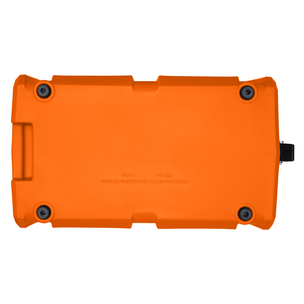 The GUNNER FOOD CRATE - BLAZE ORANGE is a hard-shell case by GUNNER, seen from above with four black corner rubber feet, a left-side handle, molded ridges, and limited-edition Color Fetch design—perfect for dog food storage.