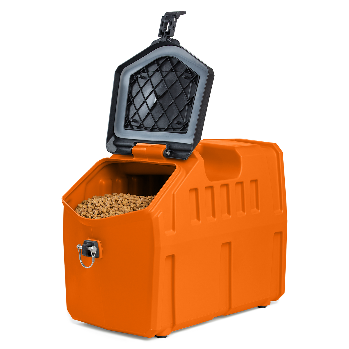 The GUNNER OPEN BOX FOOD CRATE is an orange plastic dog food storage container with a grid-design black lid, metal front latch, and kibble inside, making it a practical pest-proof solution.