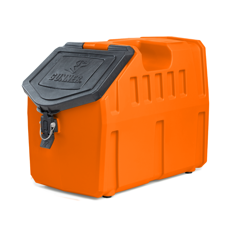 The GUNNER FOOD CRATE - BLAZE ORANGE is a heavy-duty pet food container with a black, lockable lid, top handle, grip grooves, and GUNNER branding. This limited-edition bin keeps your pets food fresh and secure.