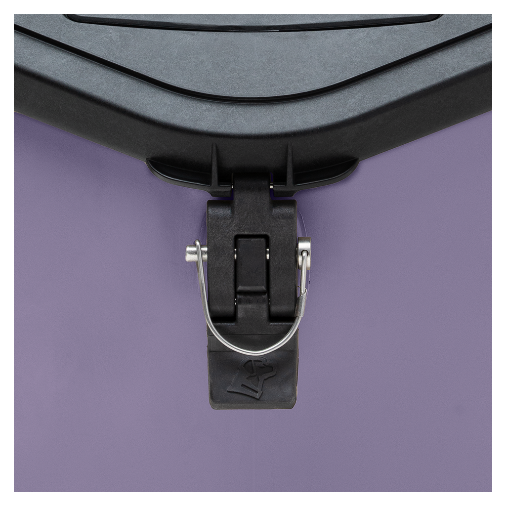 Close-up of the GUNNER FOOD CRATE - DUSK by GUNNER: a black plastic latch with metal clasp on a purple container, featuring a raised hand graphic lifting upward, captured in the days last light.