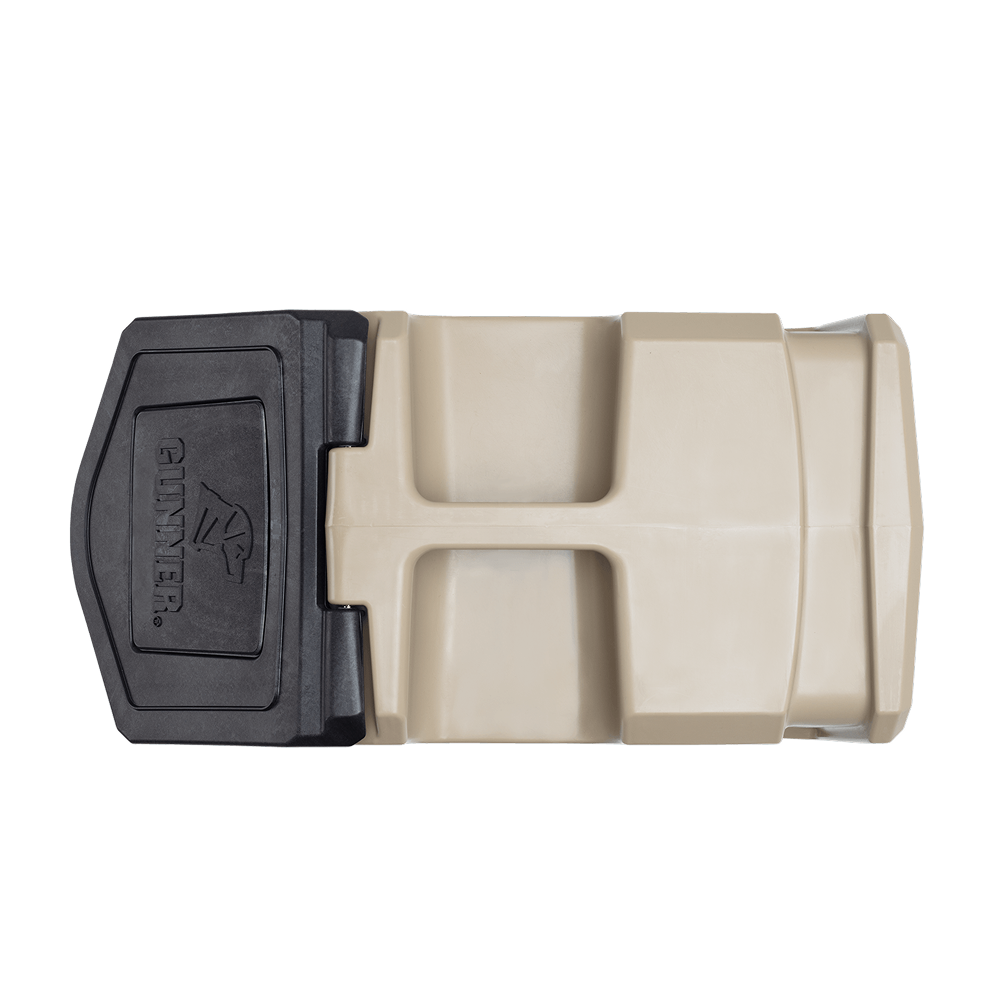 The GUNNER FOOD CRATE - TAN is a tan and black rectangular plastic container by GUNNER with a hinged lid, designed to be waterproof, pest-proof, and durable—ideal for secure dog food storage.