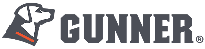 Logo featuring a stylized hunting dog’s head in profile next to the word GUNNER in bold, gray uppercase letters. The dog has an orange collar and white facial features, evoking the spirit of premium outdoor gear.