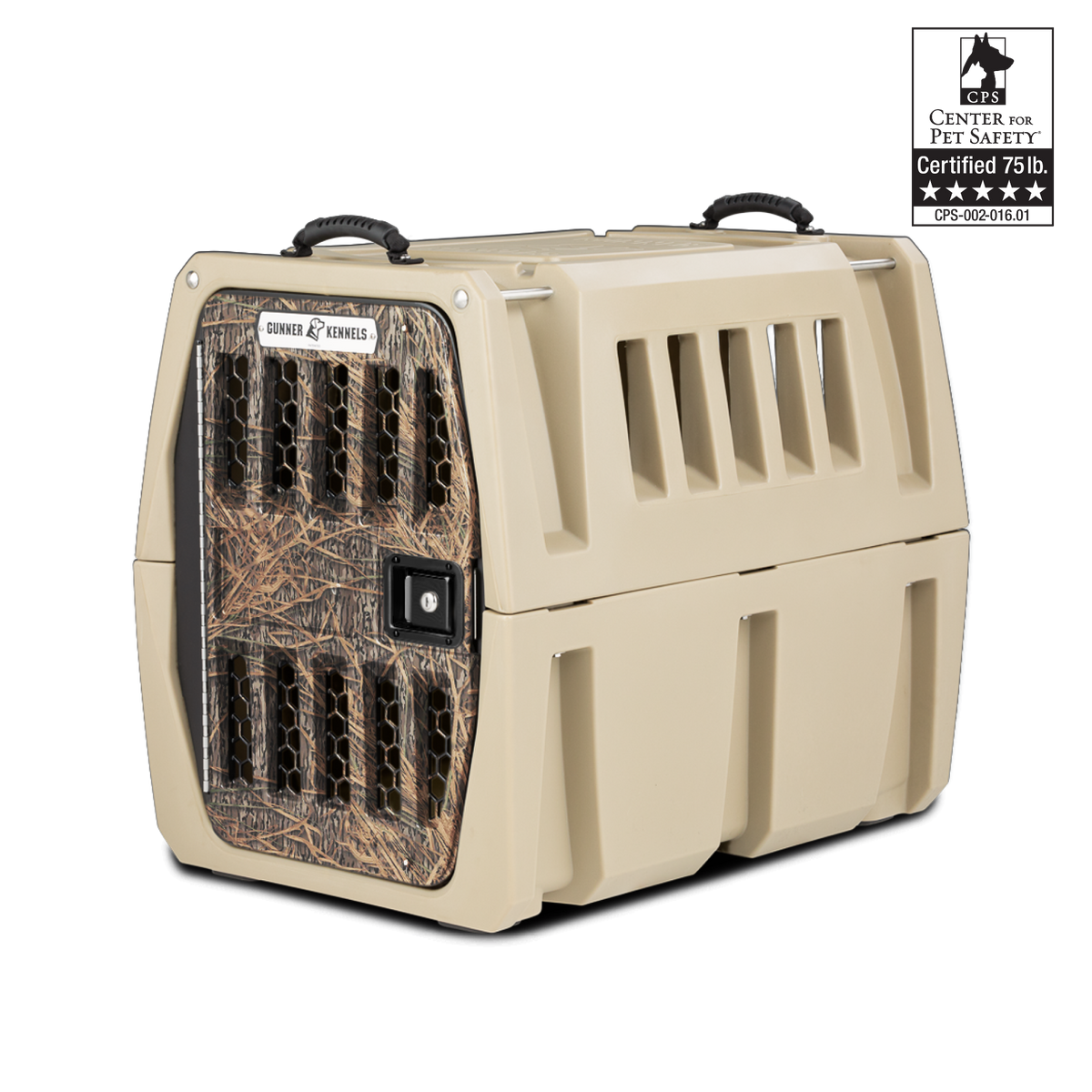 A beige and tan hard-shell pet crate with a camouflage-patterned front door, black handles on top, and ventilation slats—perfect outdoor gear for your working or hunting dog; features a “Certified 75 lb. Center for Pet Safety” badge in the corner.