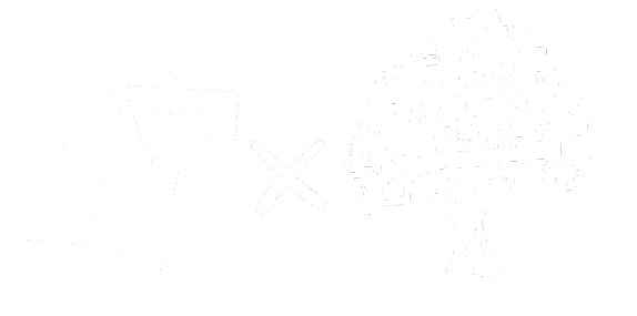 White graphic featuring a stylized hunting dog head on the left and a tree with the words Mossy Oak on the right, separated by a large X—perfect for fans of outdoor gear.