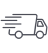 Simple black outline icon of a delivery truck with three horizontal speed lines behind it, indicating fast shipping—perfect for quick delivery of a dog crate or gear for your working dog. The background is plain and light-colored.