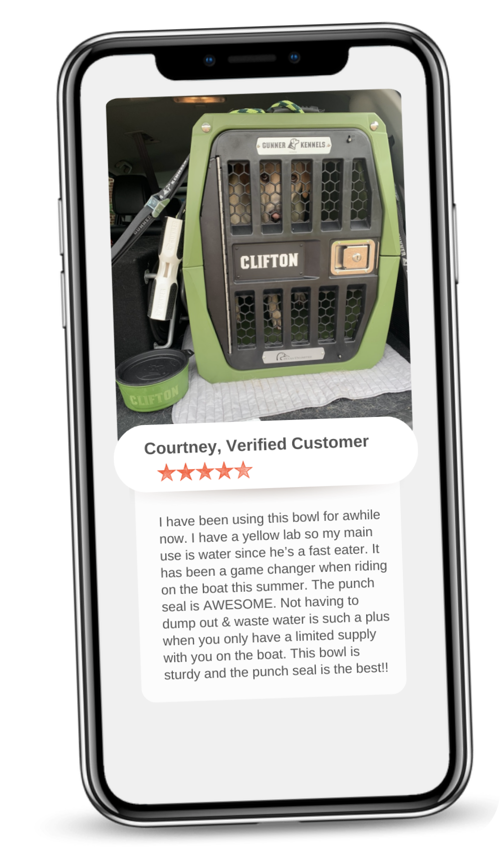 A smartphone displays a photo of a green dog crate and bowl labeled “CLIFTON”—ideal for any working dog. Below, a customer review praises the bowl’s utility, giving it 4.5 stars and highlighting its punch seal.