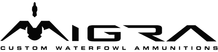 Black logo for Migra Custom Waterfowl Ammunition with stylized text and a graphic resembling a shotgun shell above the M, capturing the spirit of the working dog and the dedication found in every kennel.