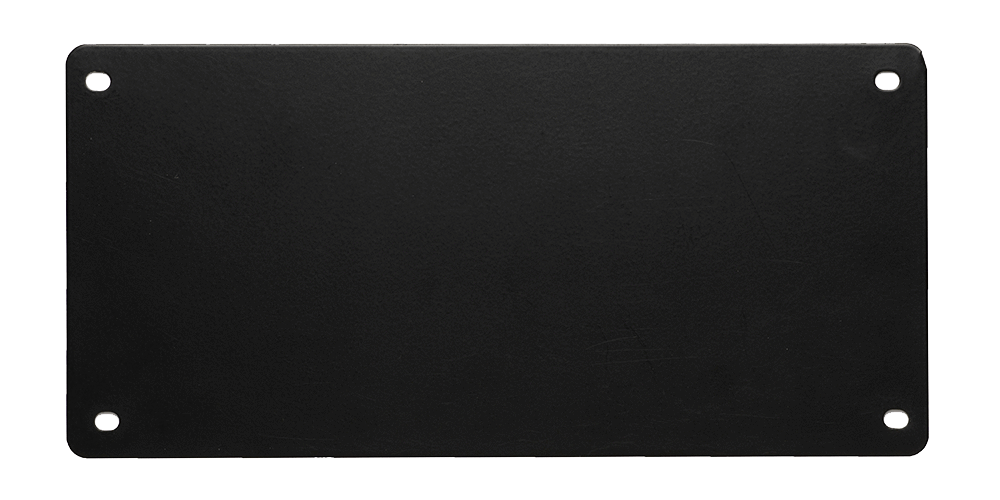A blank black rectangular license plate with four rounded holes, one at each corner, set against a plain white background—perfect for customizing your kennel or dog crate.