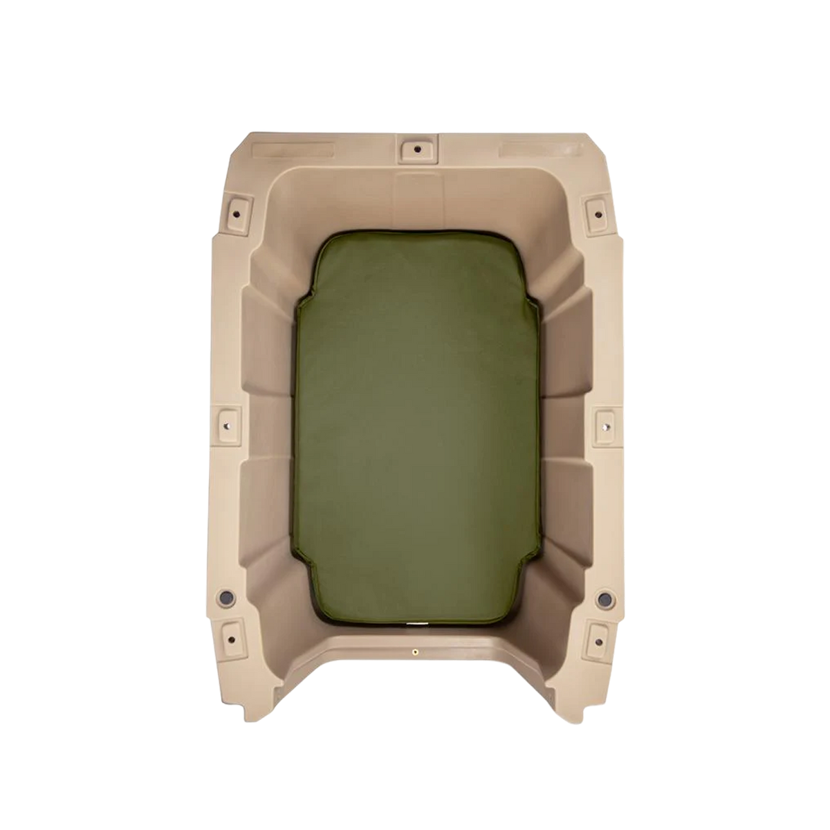 A top-down view of the GUNNER ORTHOPEDIC KENNEL BED: a beige plastic tub featuring an olive green ballistic nylon orthopedic dog pad, shown on a plain white background.