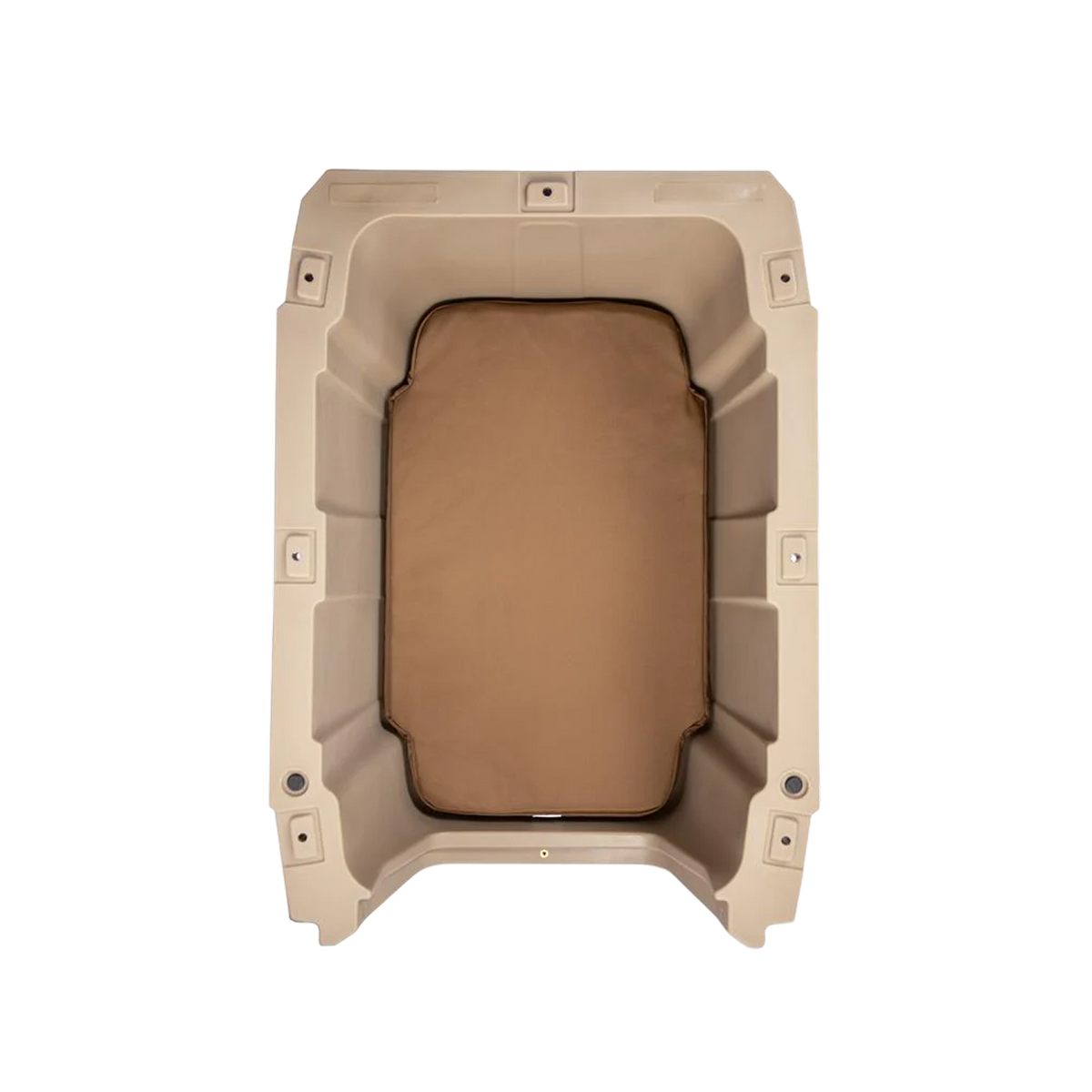 Top-down view of the GUNNER ORTHOPEDIC KENNEL BED, a beige rectangular plastic bin with reinforced edges, built-in corner handles, and a brown padded liner featuring an orthopedic dog pad for comfort.