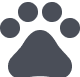 A simple, dark gray paw print icon with four round toes and a large central pad on a light gray background—perfect for representing hunting dog accessories or outdoor gear.