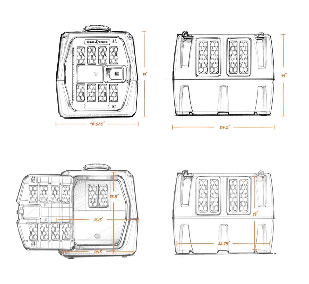 Technical sketches of a rectangular kennel pet carrier shown from multiple angles (top, front, and side), with ventilation grids and orange measurement lines indicating various dimensions in inches. Ideal for transporting a hunting dog or working dog.