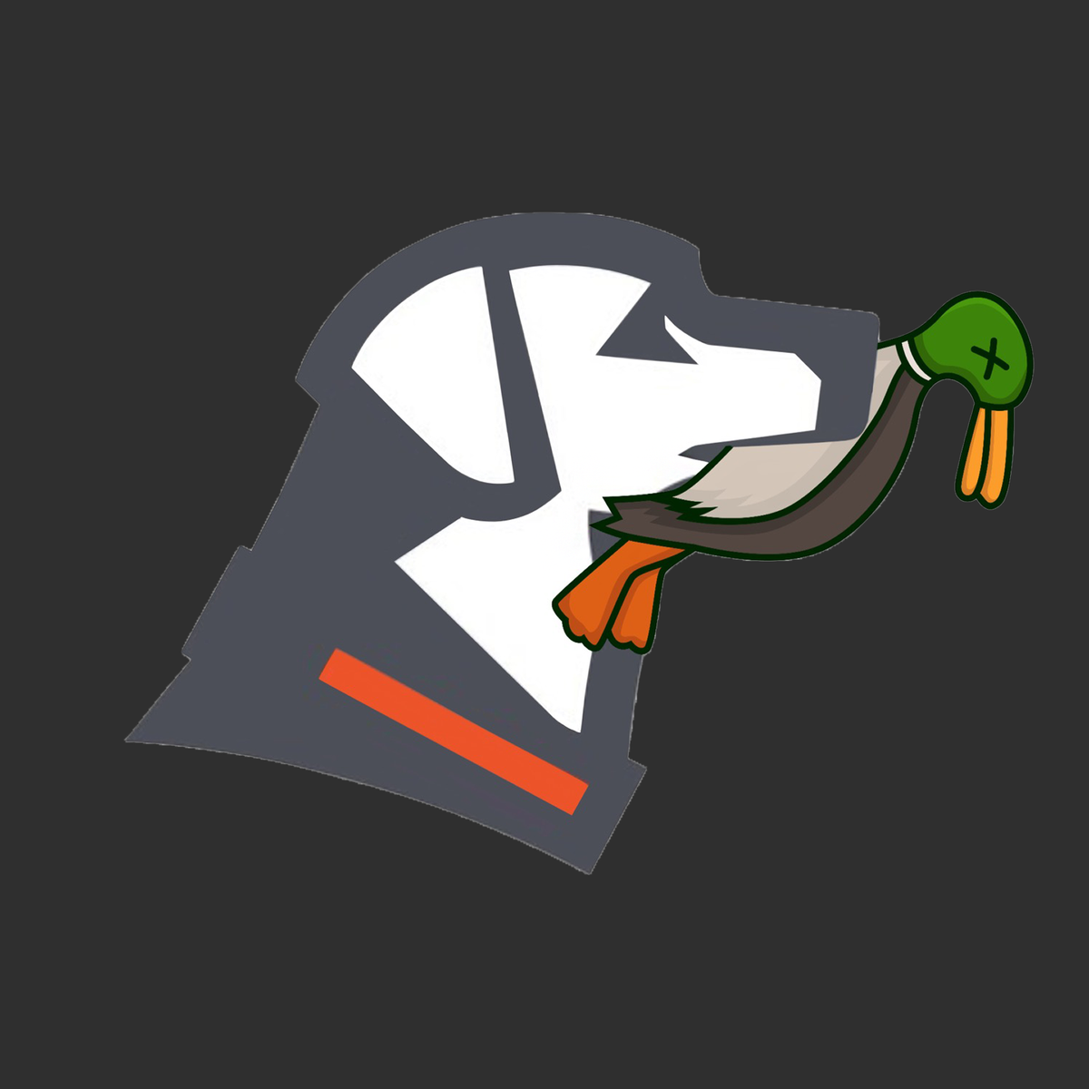Stylized white dog head logo in profile wearing a collar, with a cartoon mallard duck in its mouth, all on a dark background—perfect for representing your dog kennel or branded outdoor gear.