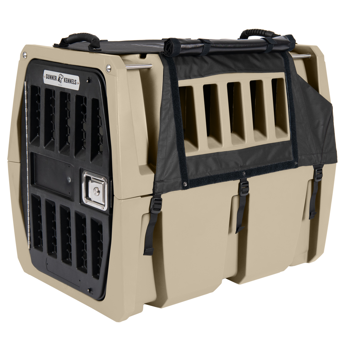 The GUNNER ALL-WEATHER KIT 2.0 is a tan and black hard-sided pet crate with ventilation slots, secure front door, handles, straps, and built-in UV protection for safe animal transport in any weather.