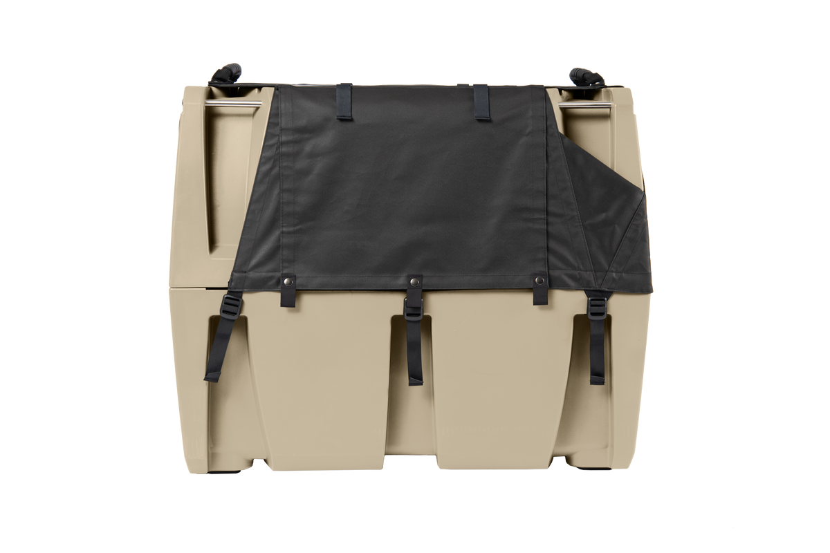The GUNNER ALL-WEATHER KIT 2.0 features a tan plastic dog crate with a black, waterproof cover secured by adjustable straps and buckles. Its sturdy, angular design is shown on a plain white background.