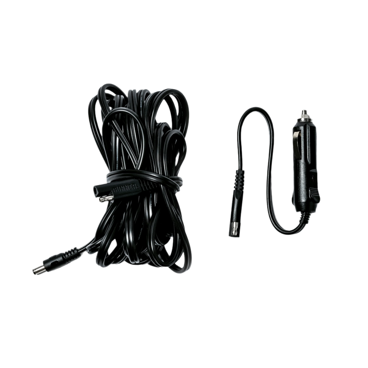 A coiled black DC power cable and a separate GUNNER FAN 2.0 CAR CHARGER, both with matching connectors for the GUNNER Fan Kit 2.0, are shown on a white background. Compatible with any 12V car outlet charger.