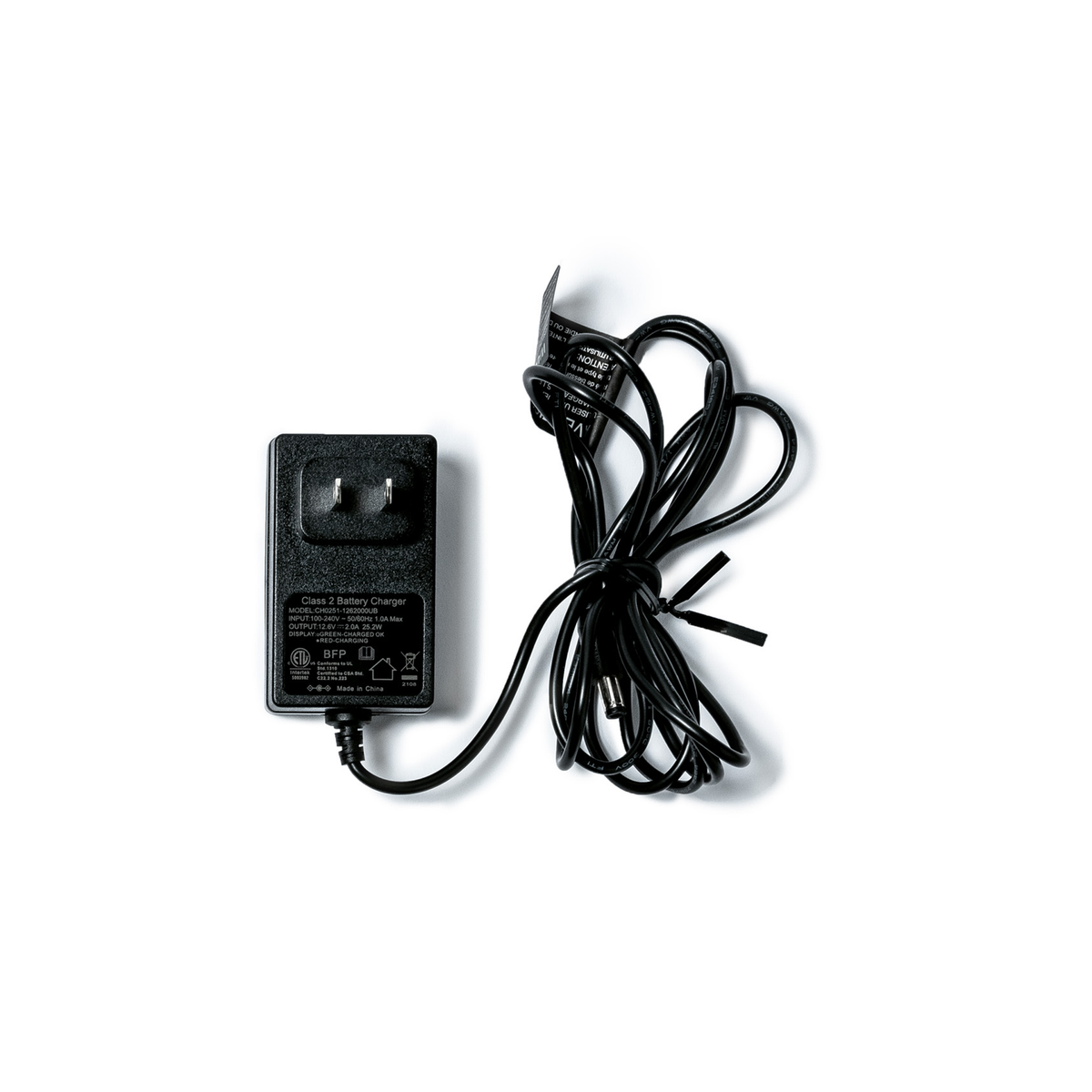 The GUNNER FAN 2.0 WALL CHARGER is a black AC battery charger with a two-prong plug and long coiled cord, designed as a replacement for the GUNNER Fan Kit 2.0. It is shown on a white background with visible specifications.